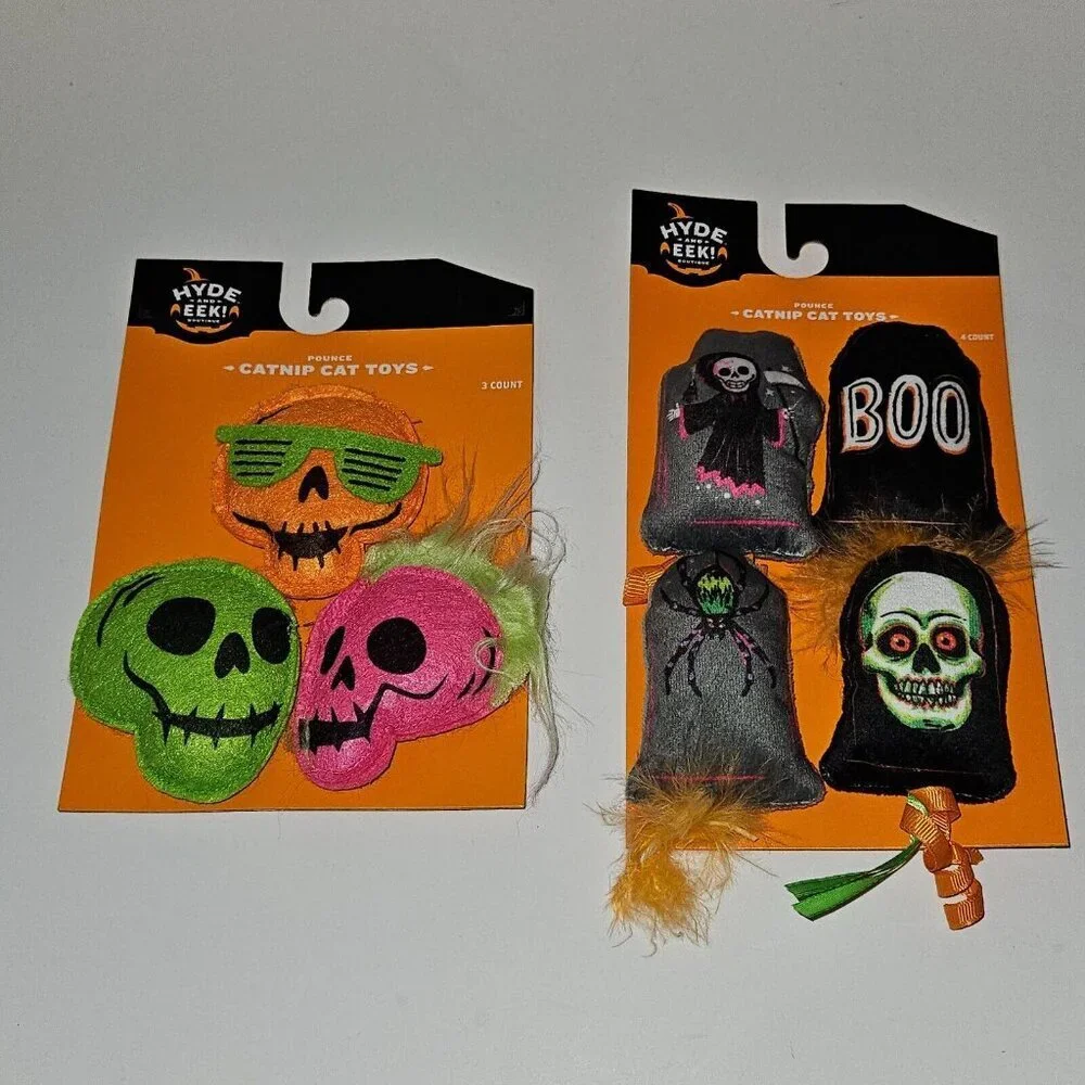 NEW 2 Pks Halloween Pet Catnip Cat Toys Lot Skeleton Skull Hyde & Eek